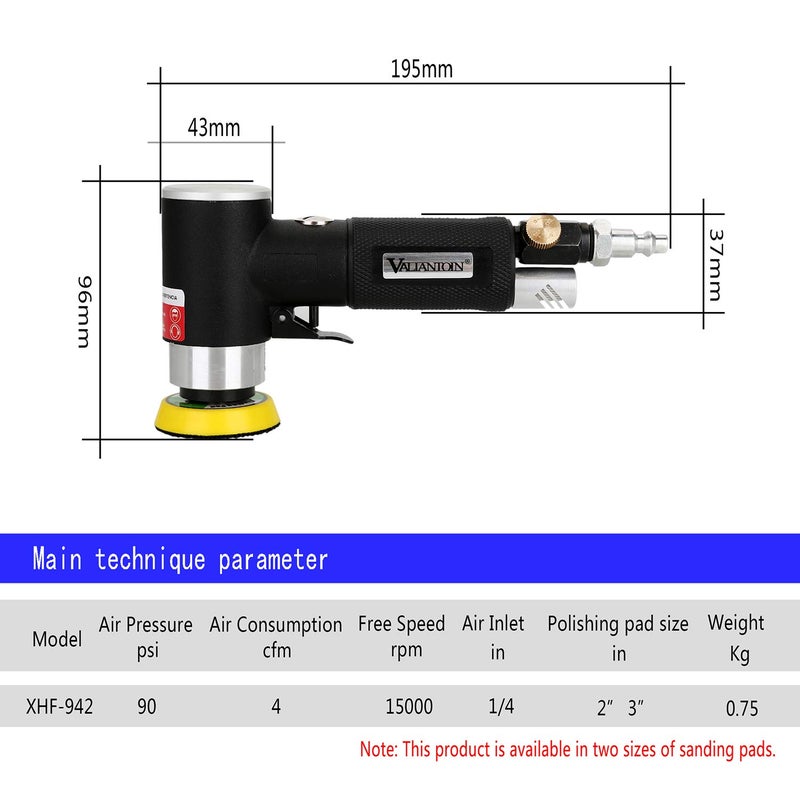 VALIANTOIN Valianto 2" 3" Mini Air Sander, Pneumatic Sander Random Orbital Eccentric Dual Action Polisher with M6 Thread Plate (2" and 3"),- Adjustable Airflow Valve - US Connector - Image 3